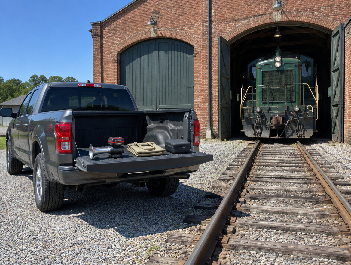 A handheld train horn with a red battery on a pickup tailgate, parked by a brick engine shed with a locomotive outside.