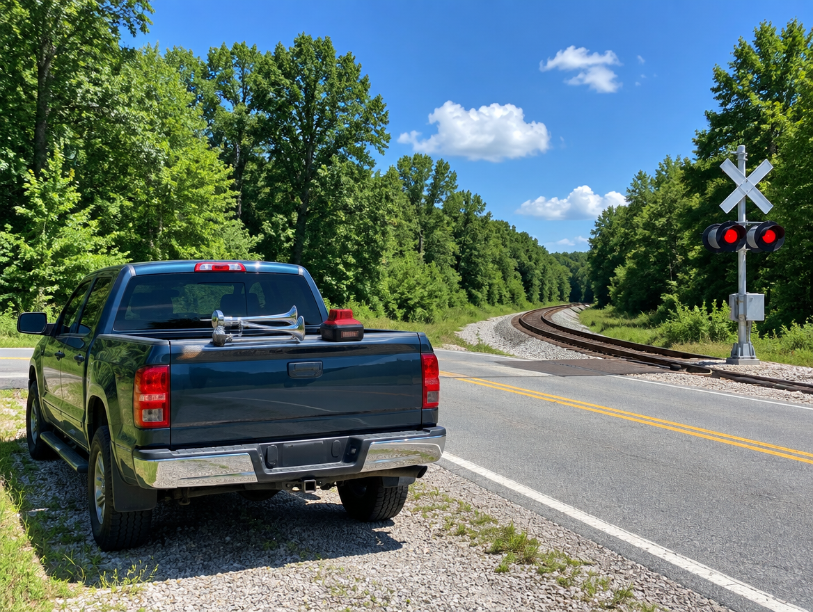 Pickup truck parked at a rural railroad crossing on a sunny summer day, with a chrome air horn and red battery on the tailgate.