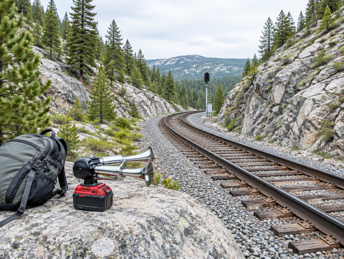 A compact horn with a red cordless battery on a boulder beside mountain railway tracks in a rocky, pine-lined cutting.
