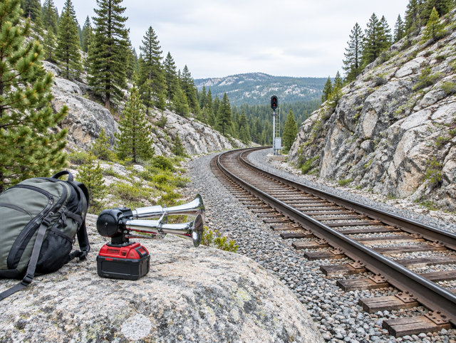 A compact horn with a red cordless battery on a boulder beside mountain railway tracks in a rocky, pine-lined cutting.