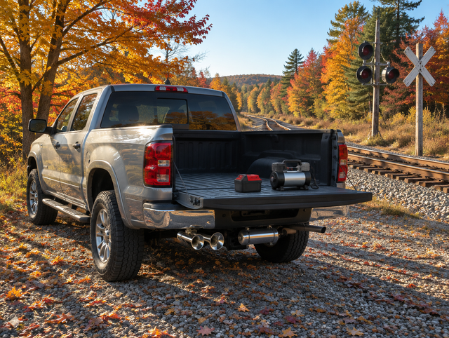 Pickup truck with train horns and a red cordless battery on its tailgate beside a rail crossing among autumn trees