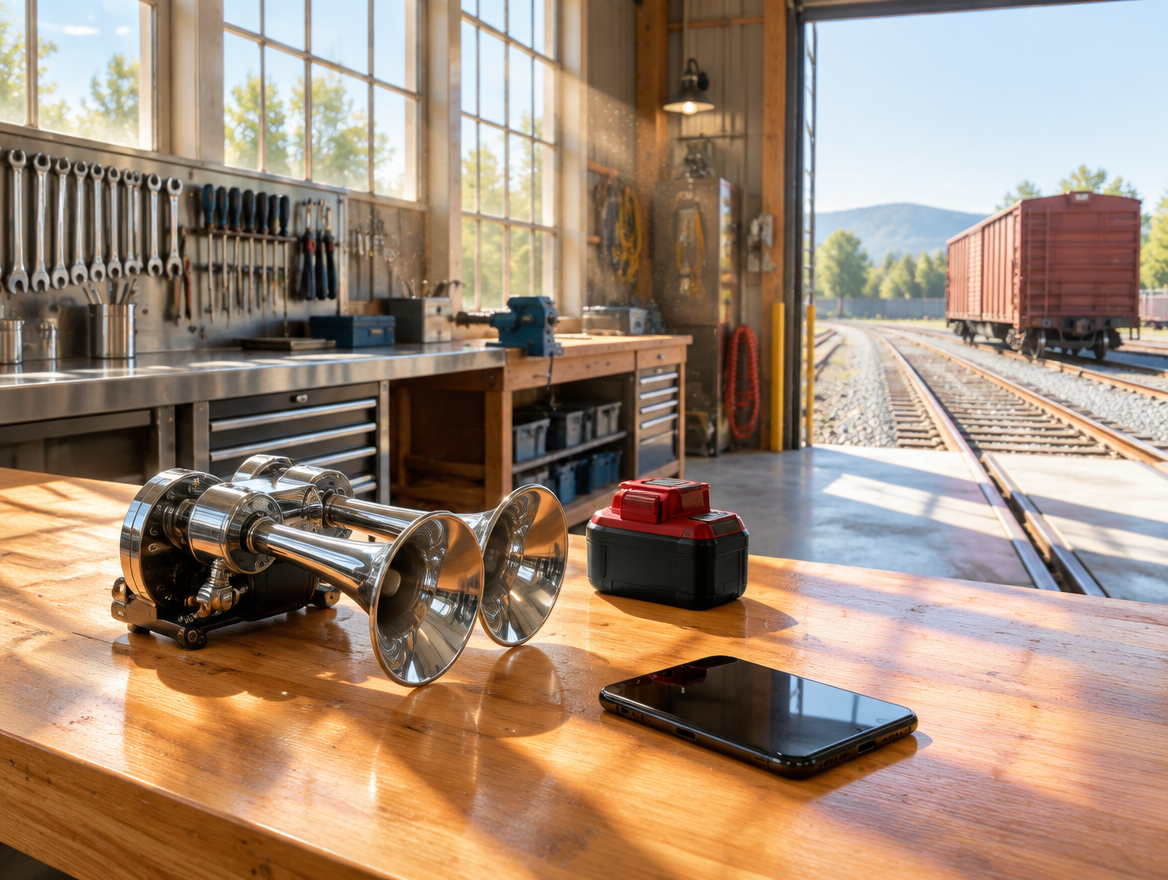 Sunlit railway shed workbench with a chrome air horn, a red and black tool battery, a phone, and track through open doors.
