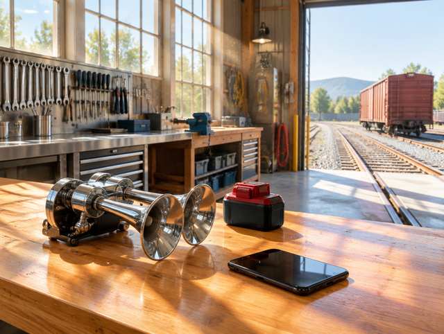 Sunlit railway shed workbench with a chrome air horn, a red and black tool battery, a phone, and track through open doors.