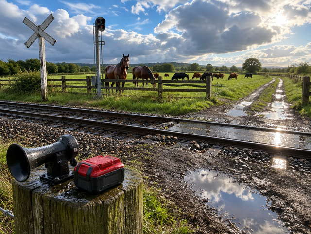 Wet farm railway crossing on a dirt track after rain, with horses and cattle grazing behind a fence and a crossbuck sign