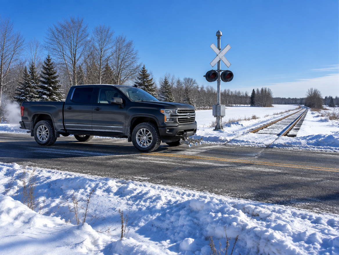 A pickup truck with chrome train horns stops on a snowy road at a railroad crossing under a clear blue sky.
