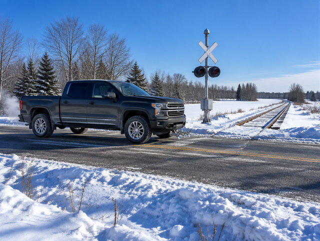 A pickup truck with chrome train horns stops on a snowy road at a railroad crossing under a clear blue sky.