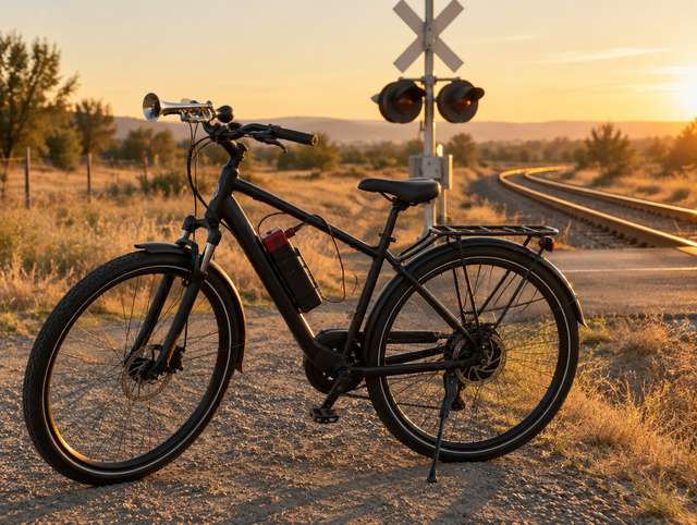 A black e-bike with a chrome air horn and a red battery pack parked by a railroad crossing at golden hour.
