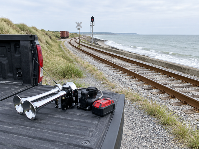 A chrome train horn kit and red battery pack on a pickup tailgate beside a coastal railway track by the sea.