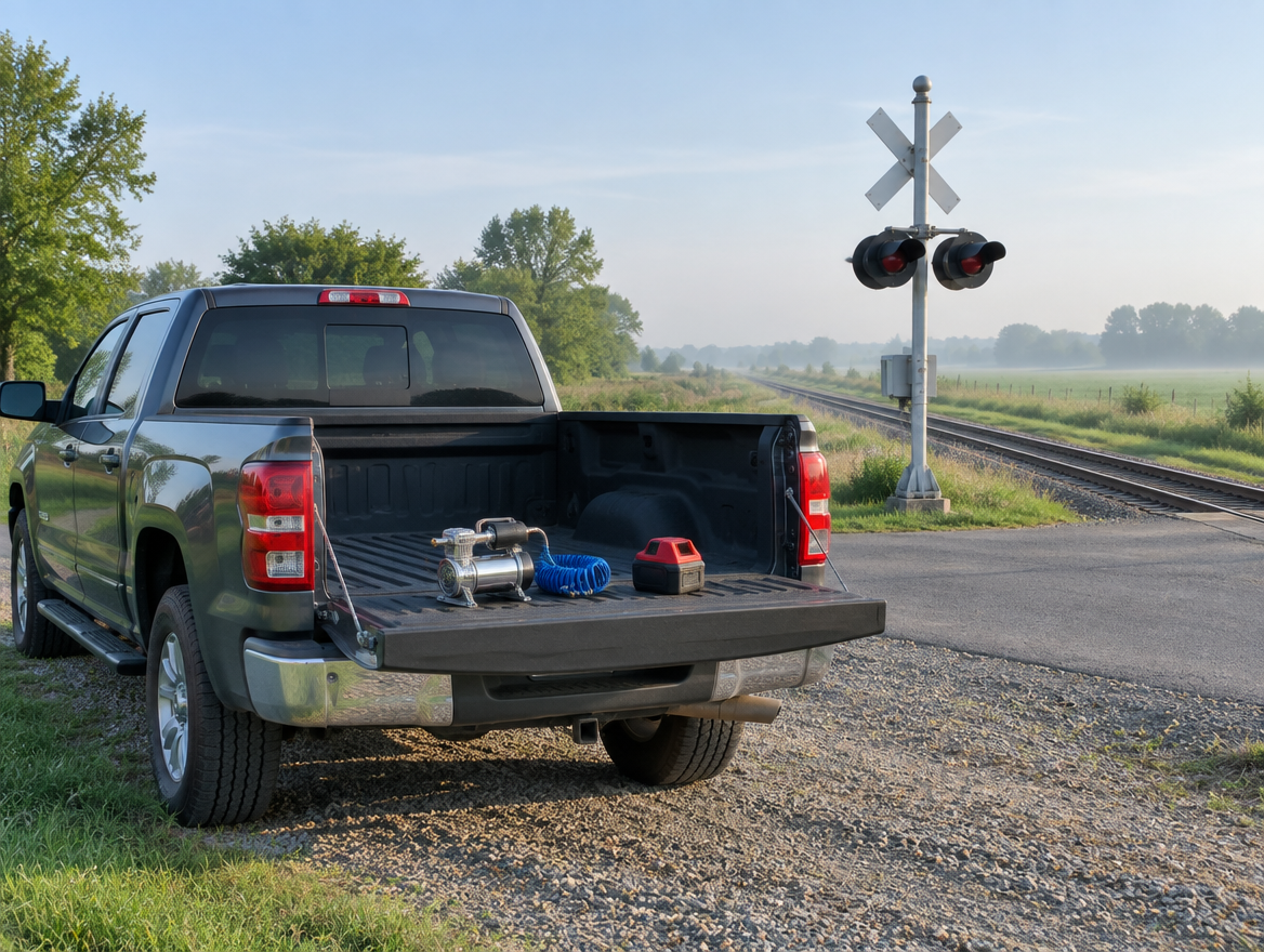 A pickup with its tailgate down at a rural rail crossing, holding a horn compressor and a red cordless tool battery.