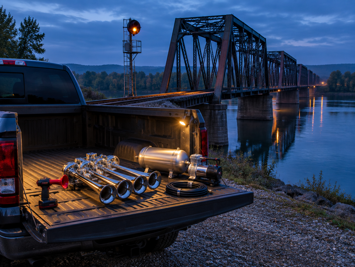 Pickup tailgate by a steel trestle bridge at dusk holding a battery train horn and a chrome air-horn kit with a tank.