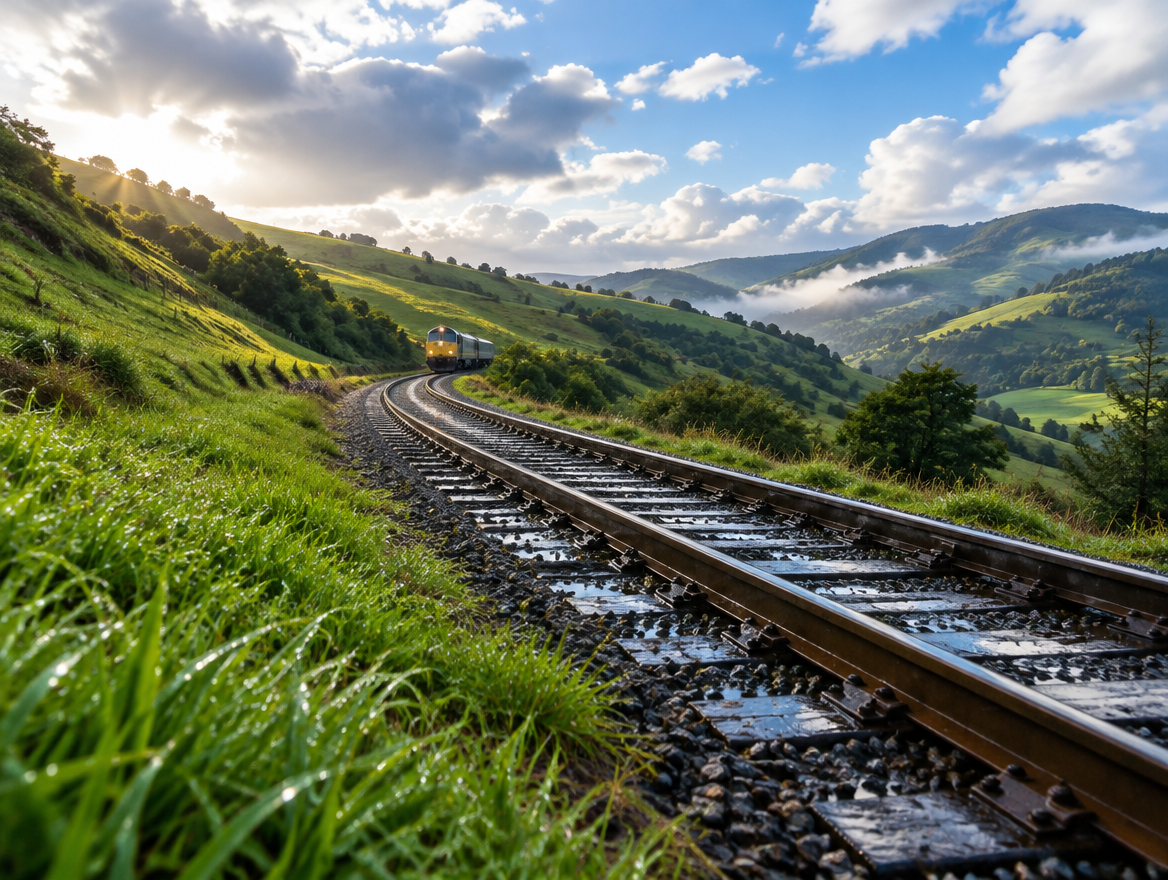 A single-track railway curves through wet green hills after rain, with a distant locomotive coming around the bend.