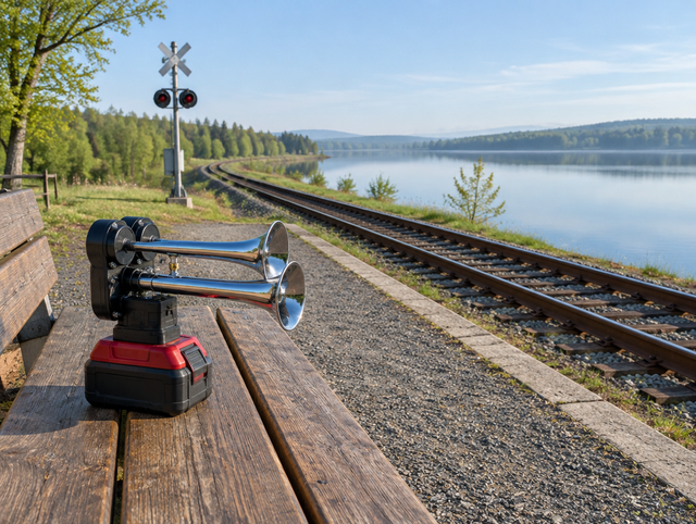 Compact twin-trumpet horn with a red battery pack on a bench at a rural rail platform beside a calm lake at morning