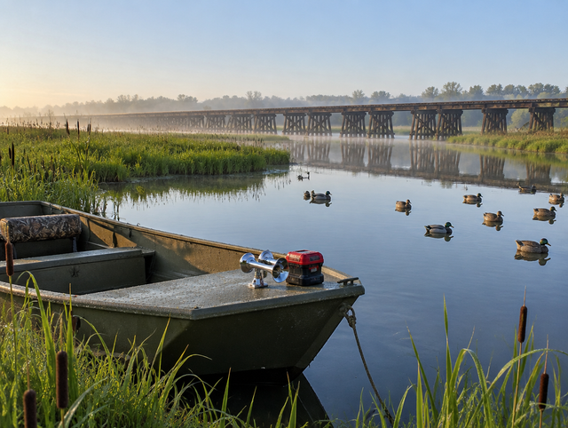 A duck boat with a horn and red battery anchored in a hazy marsh at sunrise, a railroad trestle across the water.