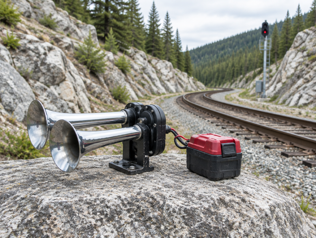 A chrome train horn and red cordless battery pack on a boulder beside a mountain railway cutting with pine forest.