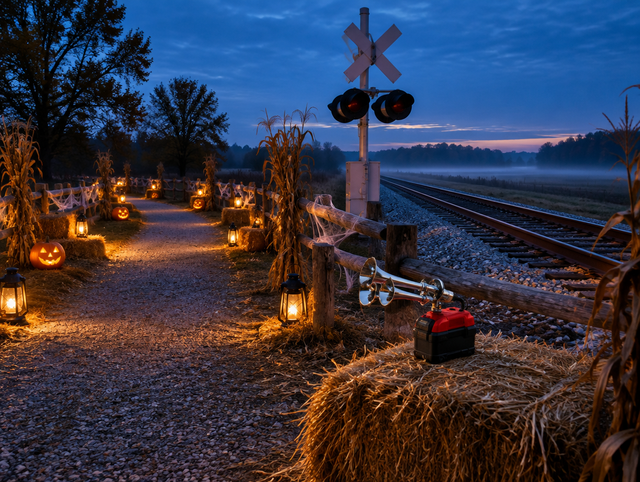 Haunted trail at dusk by a rural rail crossing, with lanterns, pumpkins, and a horn on a red cordless battery on a straw bale.