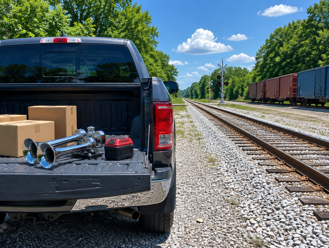 Pickup tailgate by a rural rail line holding a chrome train horn and a red cordless battery pack on a sunny day.