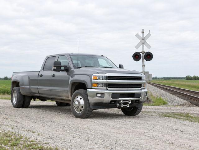 A heavy-duty pickup truck parked on gravel beside a railroad crossing with a crossbuck under a bright overcast sky