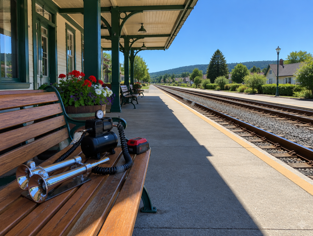 Chrome train horn, compressor and red-topped battery pack on a bench at a sunny small-town station platform by the tracks