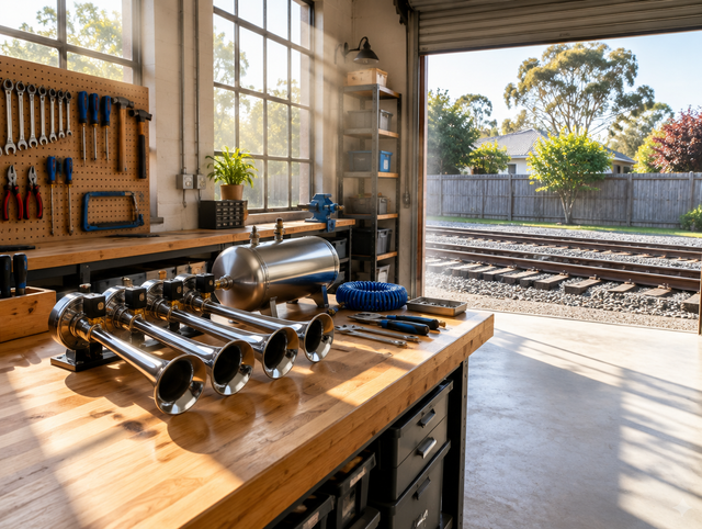 Sunlit railway workshop with a chrome train horn on a wooden bench and an open roller door showing the track outside.