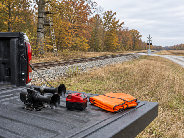 A pickup tailgate with a train horn and red battery near a field edge, tree stand and rural rail line in autumn.