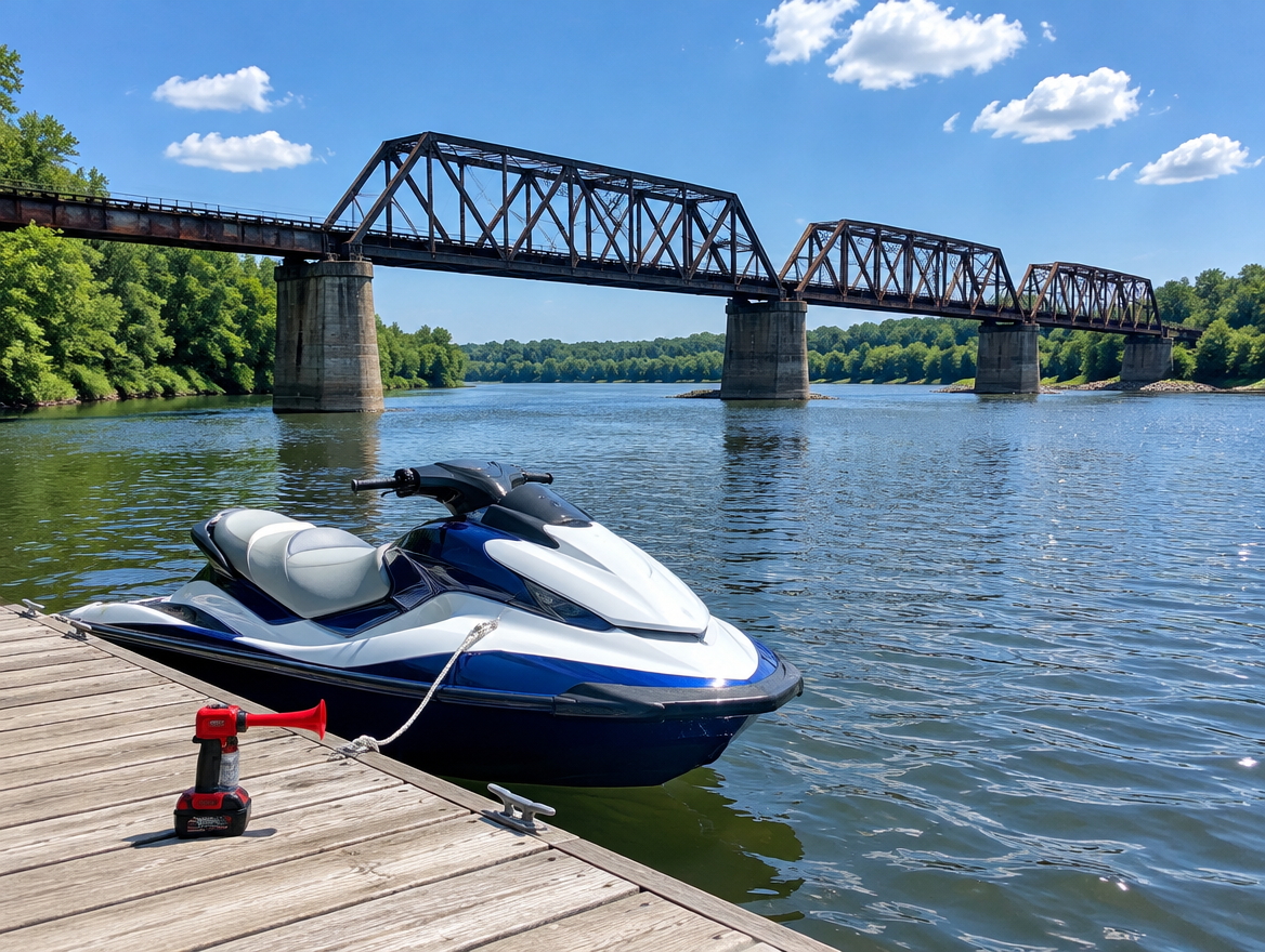 A personal watercraft tied to a river dock beside a battery-powered horn, with a steel railway bridge behind it.