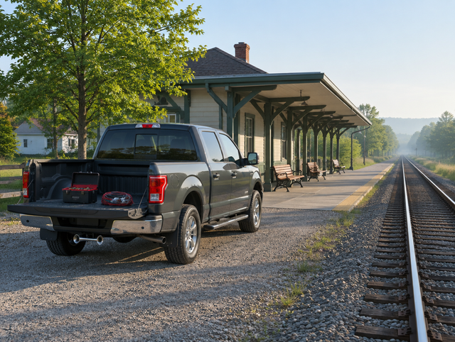 A clean pickup truck with its tailgate down, parked beside a small-town station platform with a canopy in the morning light.