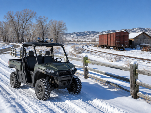 A side-by-side UTV with roof-mounted air horns parked on snowy private farmland next to a rail spur and red boxcar.