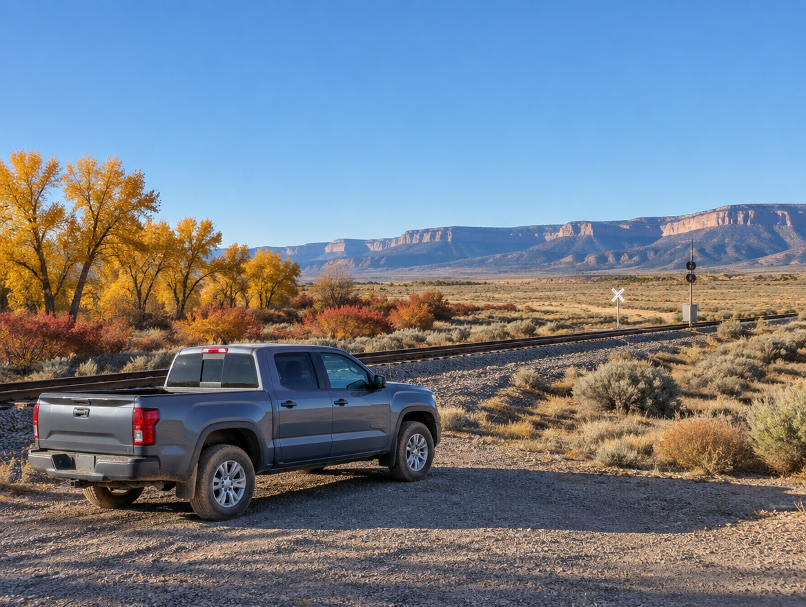 A midsize pickup parked by a desert railway crossing, with golden autumn trees and open scrub under a big blue sky.