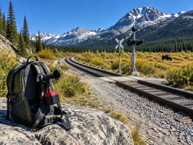 A mountain rail line curves through a spruce valley, a daypack with a red-battery air horn in front and a moose far off.