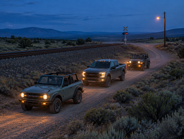 Three off-road vehicles with headlights on, stopped in a line on a gravel trail beside railroad tracks at dusk.