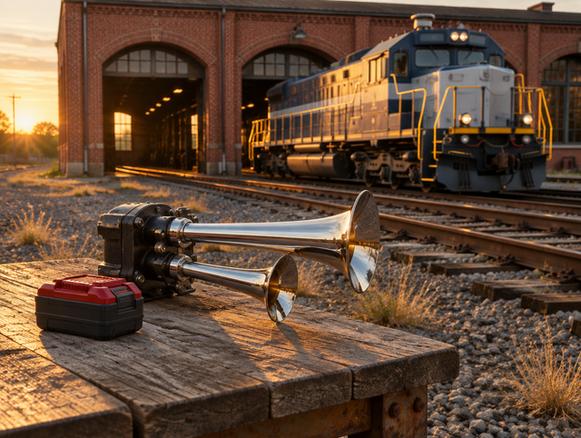 A dual-trumpet air horn and a red cordless battery pack on a bench beside rails outside a brick engine shed at sunset.