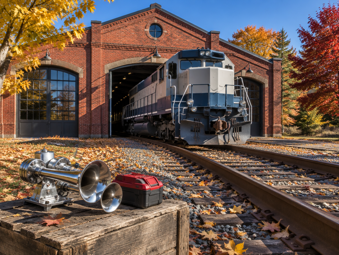 Brick engine shed with a locomotive outside on autumn tracks and a chrome air horn with red battery on a crate.