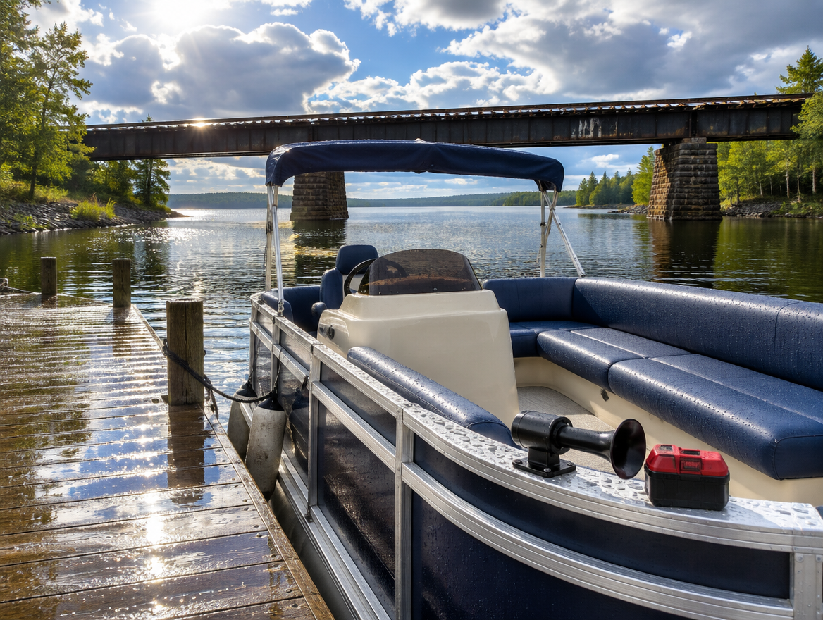 A pontoon boat at a wet lake dock after rain, with a horn and red battery pack on deck and a railway bridge behind.