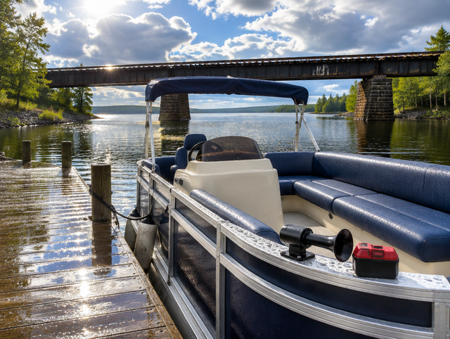 A pontoon boat at a wet lake dock after rain, with a horn and red battery pack on deck and a railway bridge behind.