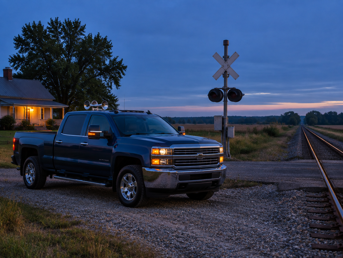 A pickup truck with roof-mounted air horns parked beside a rural railroad crossing at dusk under a blue sky.