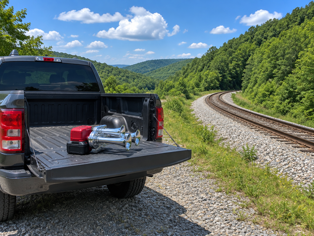 Pickup tailgate with a compact chrome horn and red battery pack beside a single-track line curving through green hills