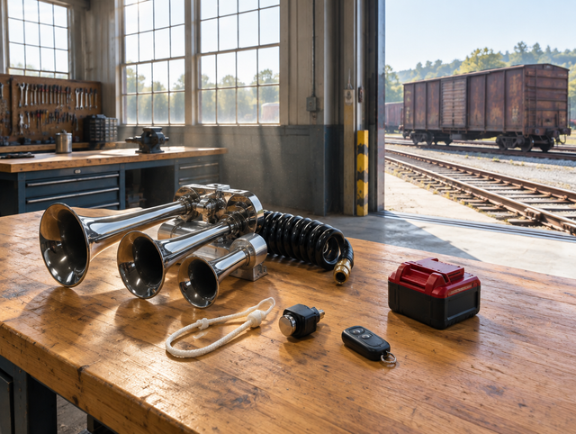 Chrome train horn, pull lanyard, trigger and red tool battery on a sunlit shed workbench, boxcar on track outside.
