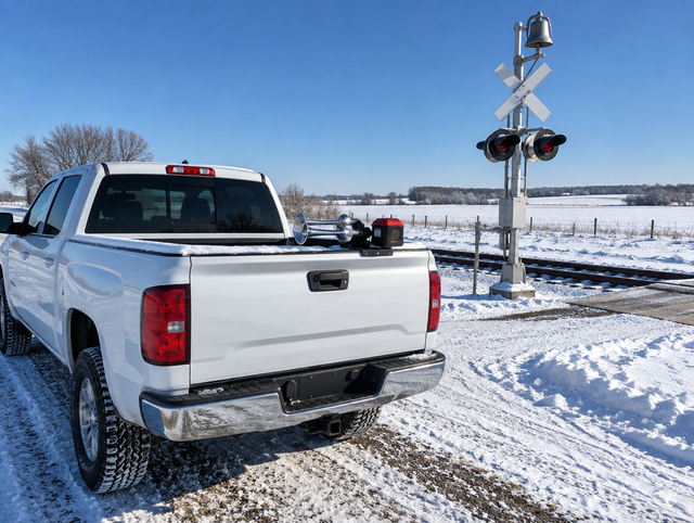 Pickup truck at a snowy rural rail crossing with a portable air horn and red battery pack on a quick-release mount