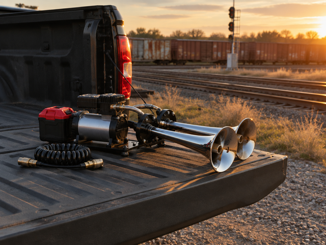 Train horn kit with a red and black 18V battery on a pickup tailgate beside a rail yard at golden hour.