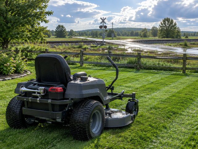 Zero-turn mower with an air horn and red battery pack on a wet lawn, rail line and crossing behind it