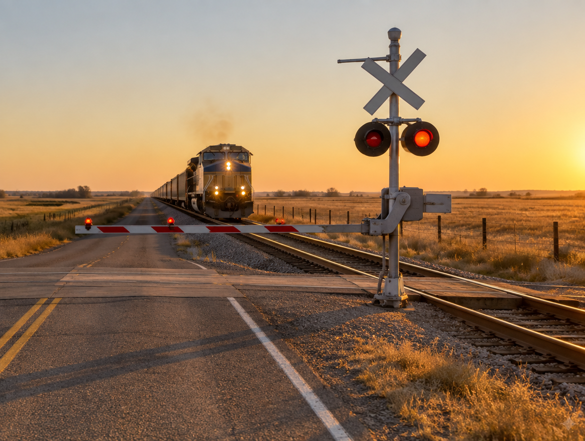 A diesel locomotive approaches a rural grade crossing with a crossbuck and lowered gate in golden late-afternoon light.