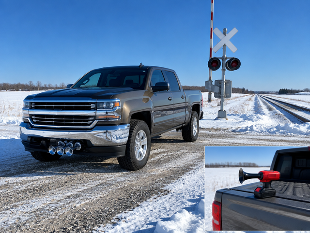 Pickup truck with a chrome air horn by a snowy railroad crossing, a red-battery cordless horn on the tailgate