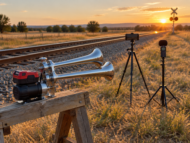 Chrome train horn with a red cordless battery on a sawhorse beside rural tracks, a phone and recorder set up to film it.