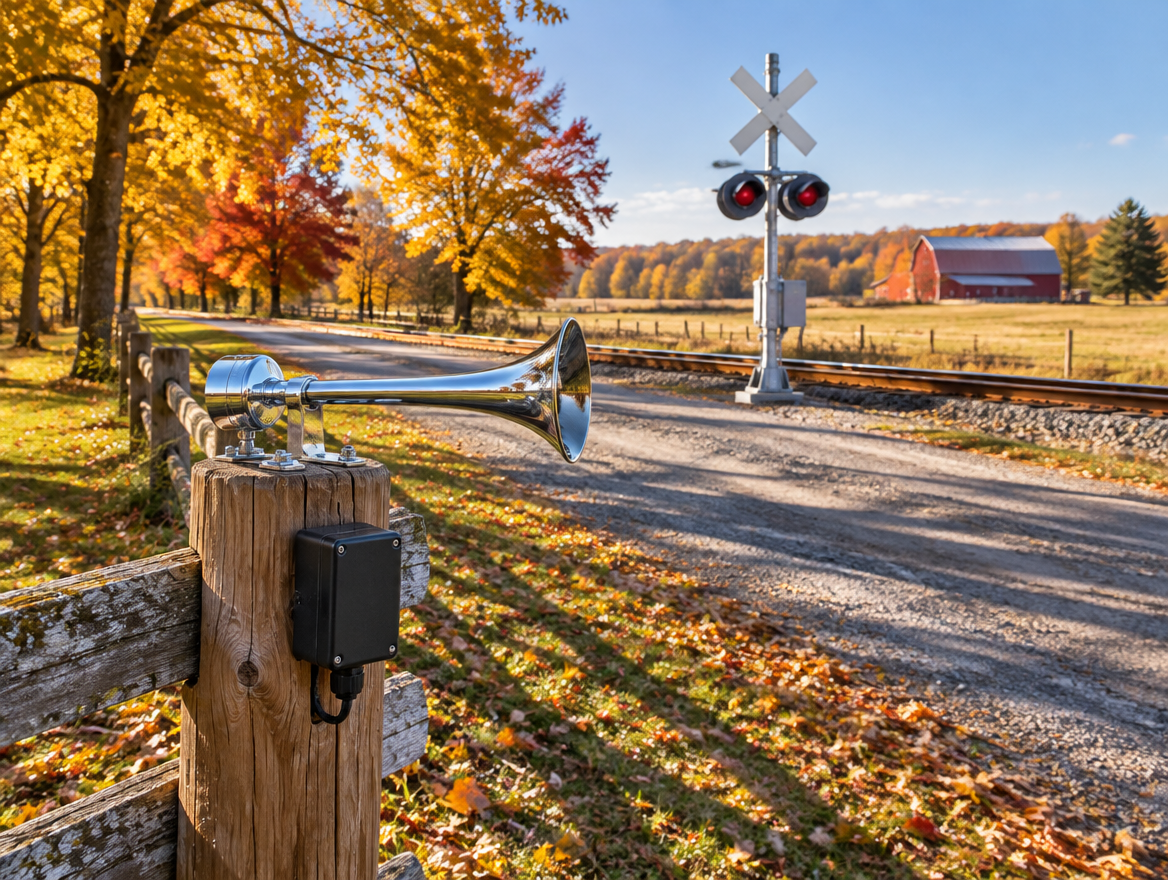 Chrome train horn bolted to a fence post near a rural railroad crossing with a crossbuck and signal mast in autumn light.