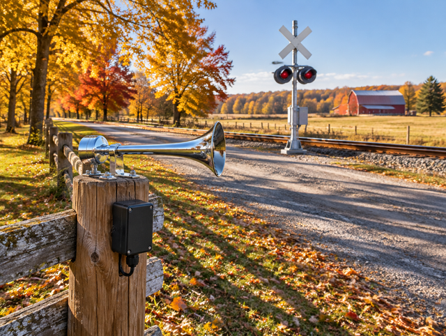 Chrome train horn bolted to a fence post near a rural railroad crossing with a crossbuck and signal mast in autumn light.