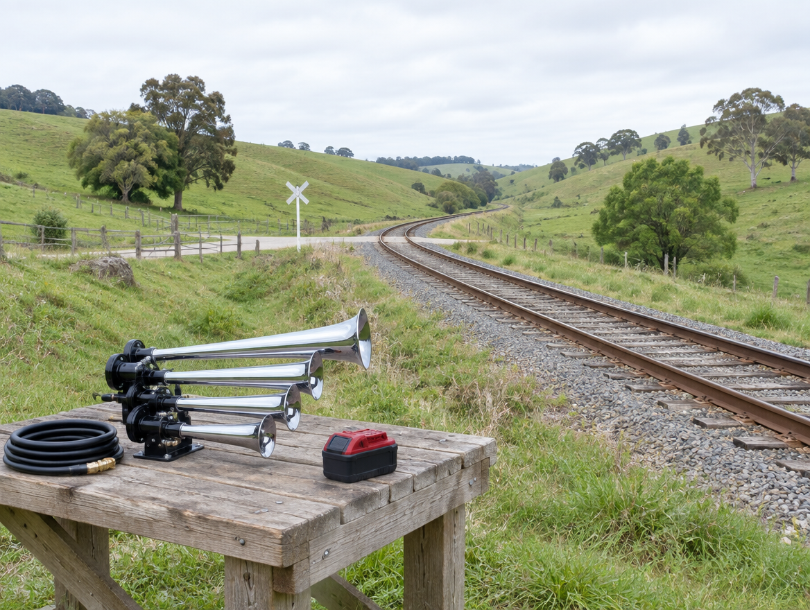 Four chrome horn trumpets and a red-topped cordless battery on a bench beside a single-track line curving through green hills