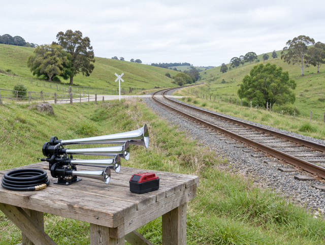 Four chrome horn trumpets and a red-topped cordless battery on a bench beside a single-track line curving through green hills