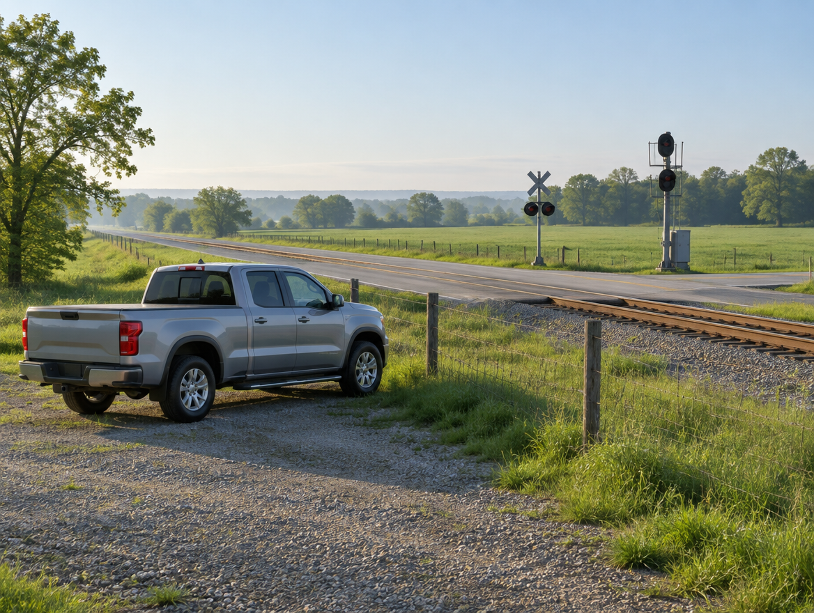 A clean pickup truck parked on rural farmland beside a railroad crossing on a quiet country road on a hazy morning.
