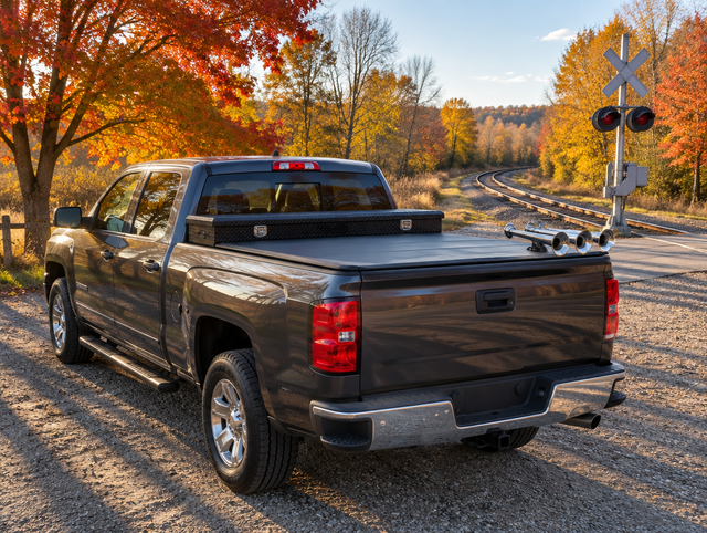 A pickup with a tonneau cover and a train horn on the bed rail, parked by a railroad crossing among autumn trees.