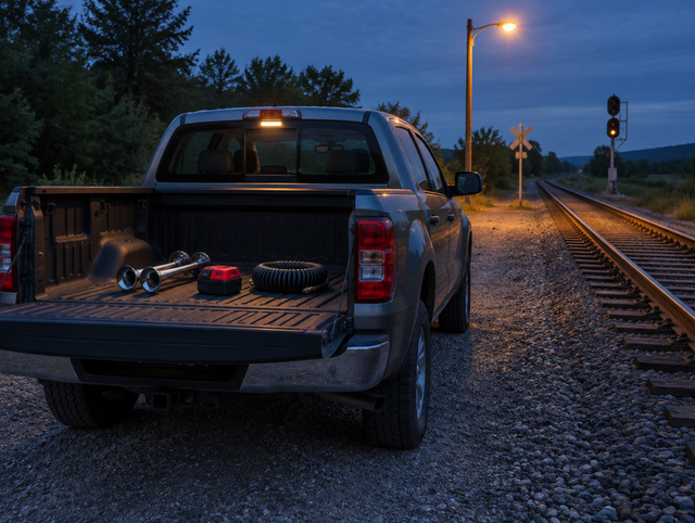 A mid-size pickup parked beside a rail line at dusk, with horn trumpets and a red battery pack on its lowered tailgate.